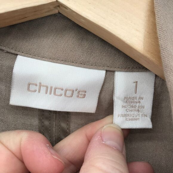 Chicos Jacket Womens Medium Tan Waterfall Open Front Roll Tab Sleeve Lace Panels - Picture 5 of 10